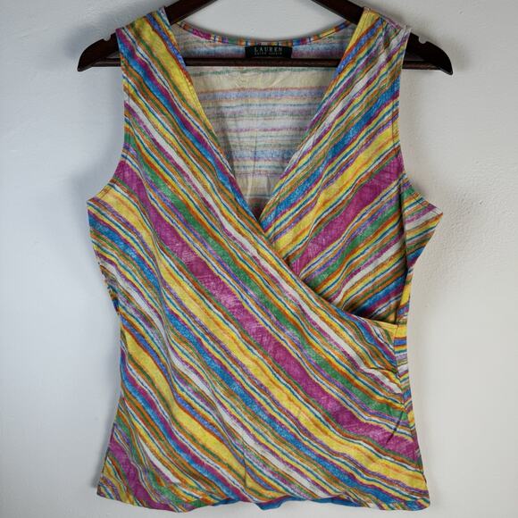 LAUREN RALPH LAUREN Sleeveless Wrap Top Multicolor Striped Surplice V Neck Boho - Picture 1 of 6